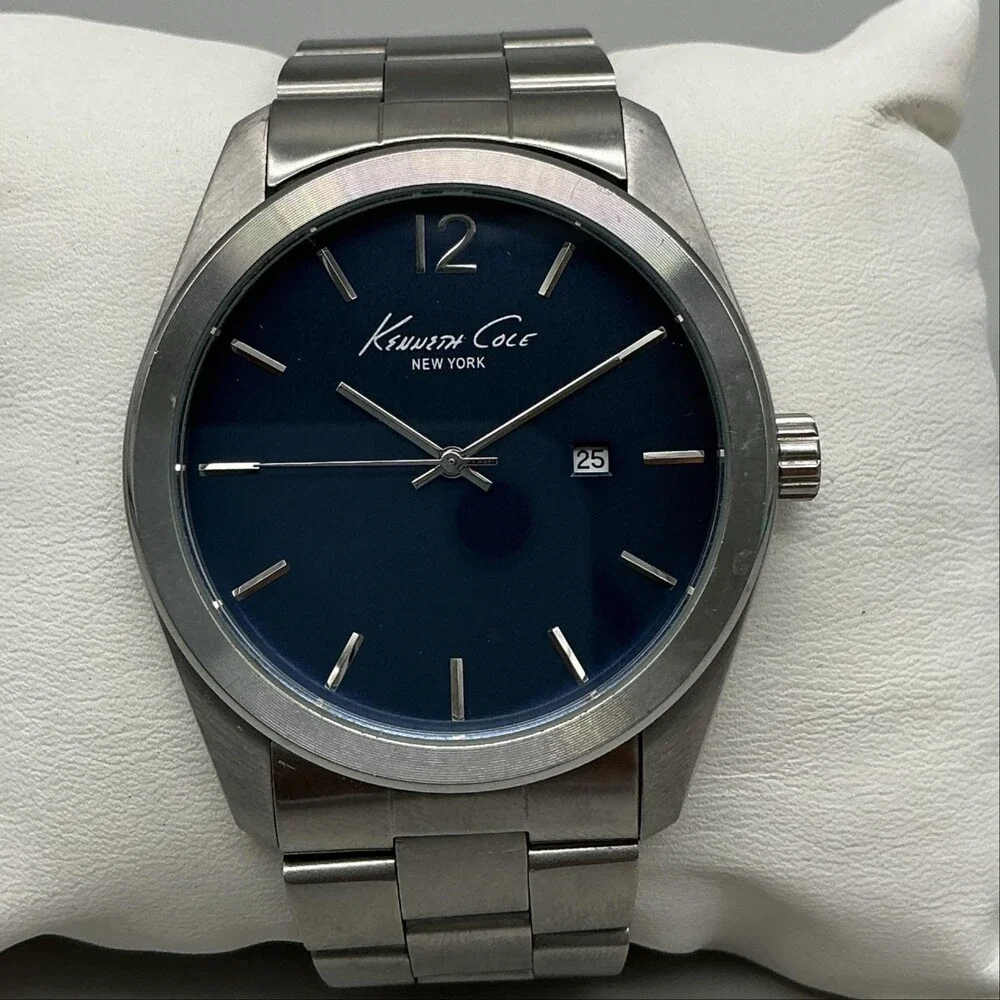 Kenneth Cole KC3683 Mens Watch 44mm Blue Dial StainlessDate New Battery 7.75